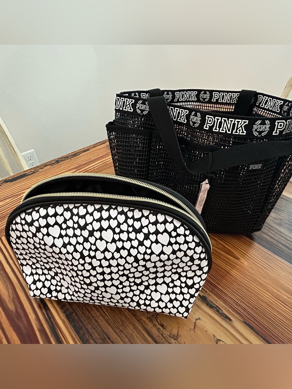 PINK Victoria's Secret Black Mesh Tote with Black & White Heart Dabney Lee pouch - Picture 6 of 6